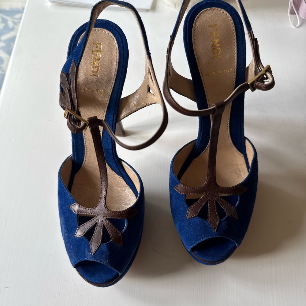 Fendi Blue and Brown Heels with T-Strap Design
